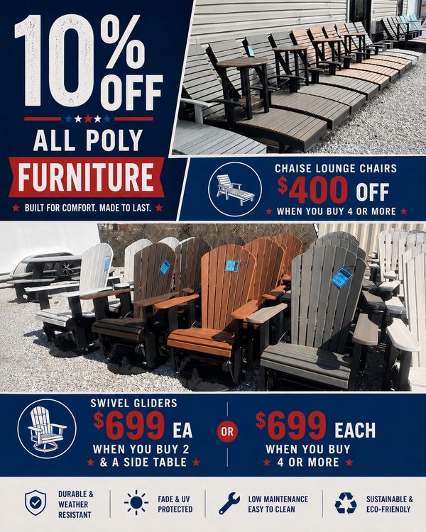 Discounts on poly furniture including chaise lounge chairs and swivel gliders.