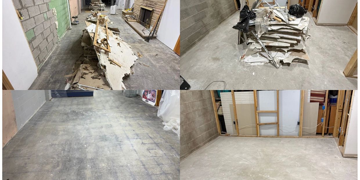 Before and after photos of a basement demolition and cleanup.