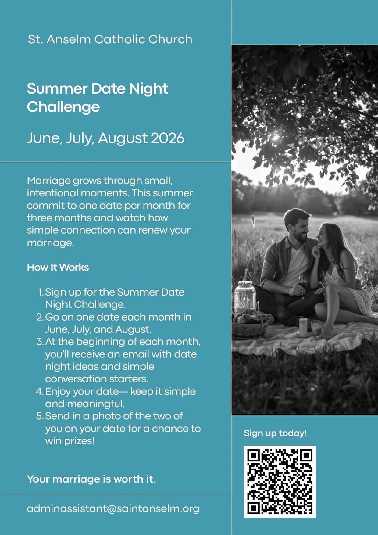 Summer Date Night Challenge by St. Anselm Catholic Church for couples to connect monthly June-August 2026.