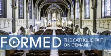 Interior of a grand Catholic church with FORMED Catholic faith branding.