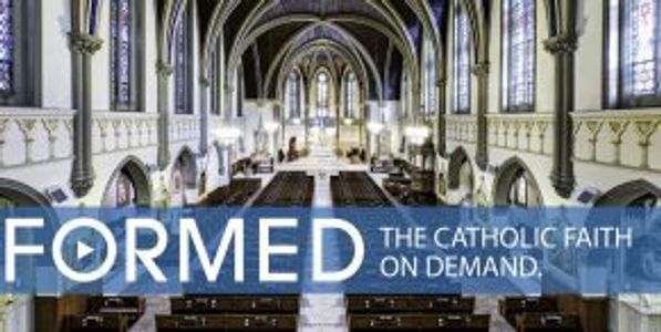 Interior of a grand Catholic church with FORMED Catholic faith branding.