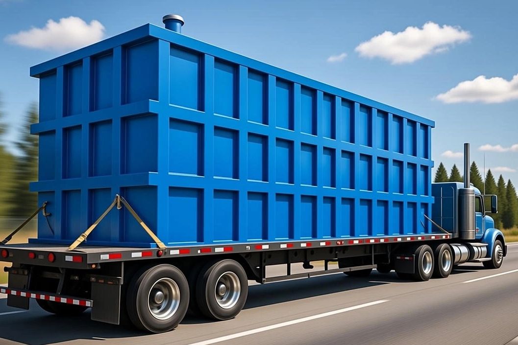 A large blue semi-truck carrying a massive blue container on the highway.