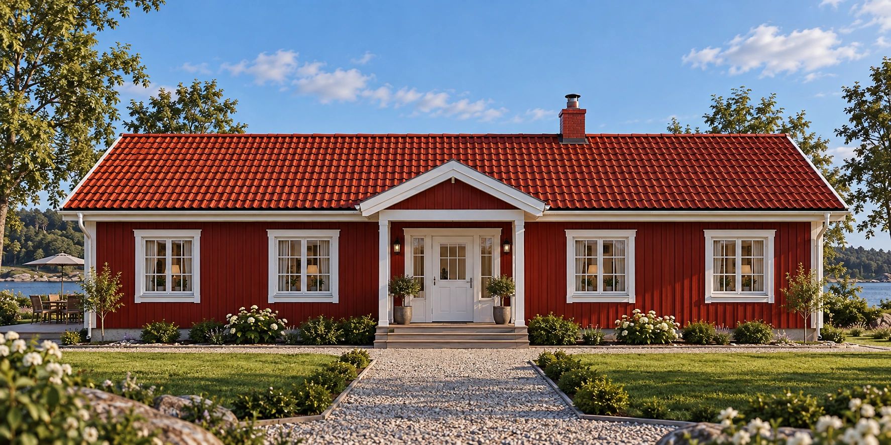 Rött svenskt hus med vitlister och trädgård.
