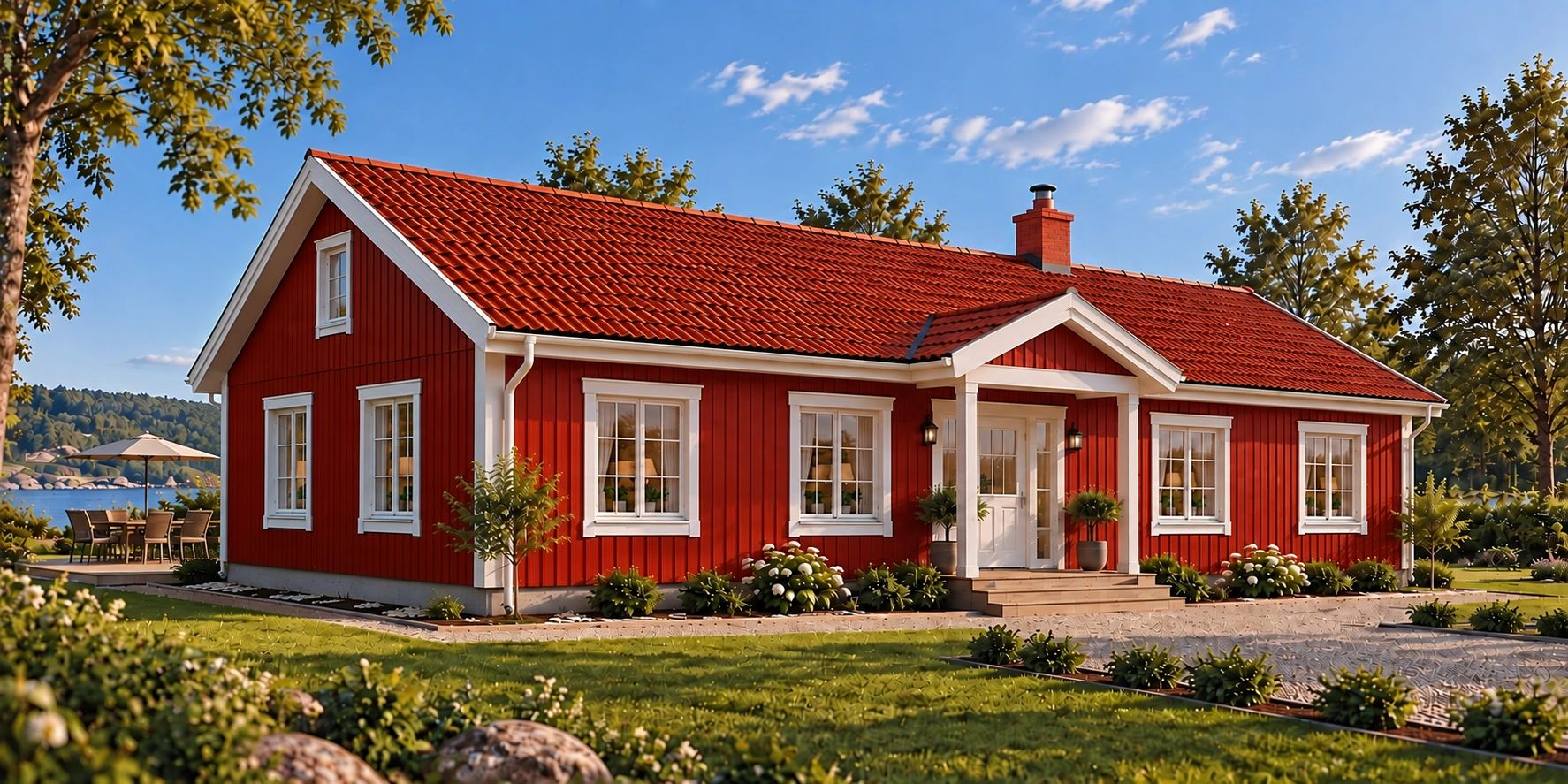 Rött svenskt hus med vita fönster och rött tegeltak under blå himmel.