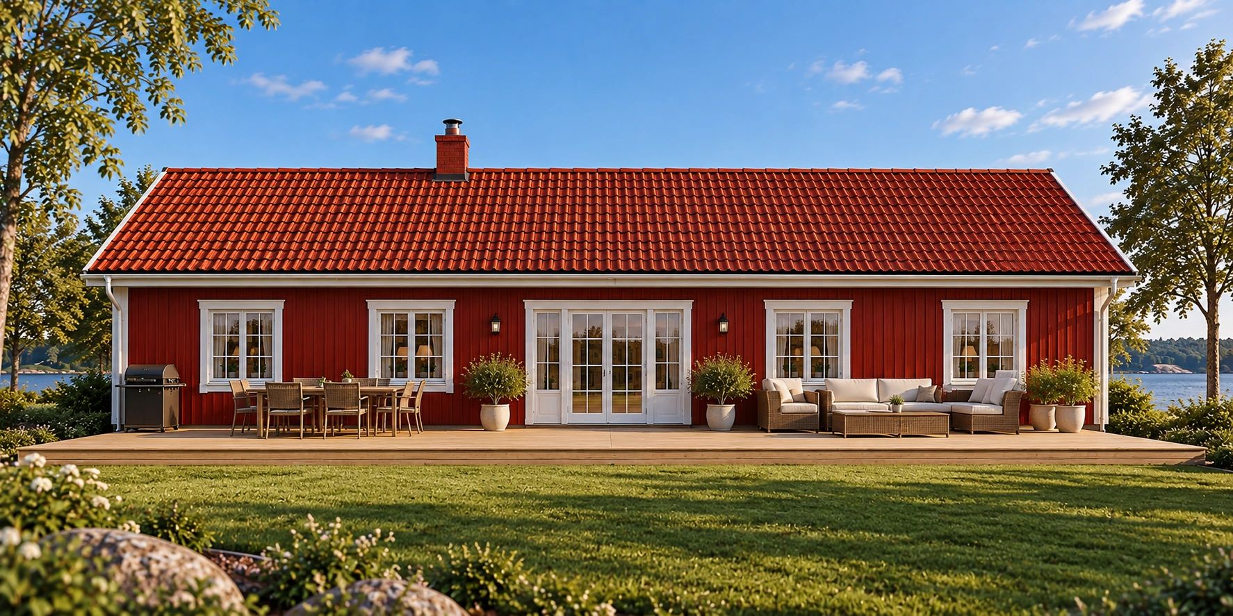 Rött hus med altan och utemöbler vid en sjö.