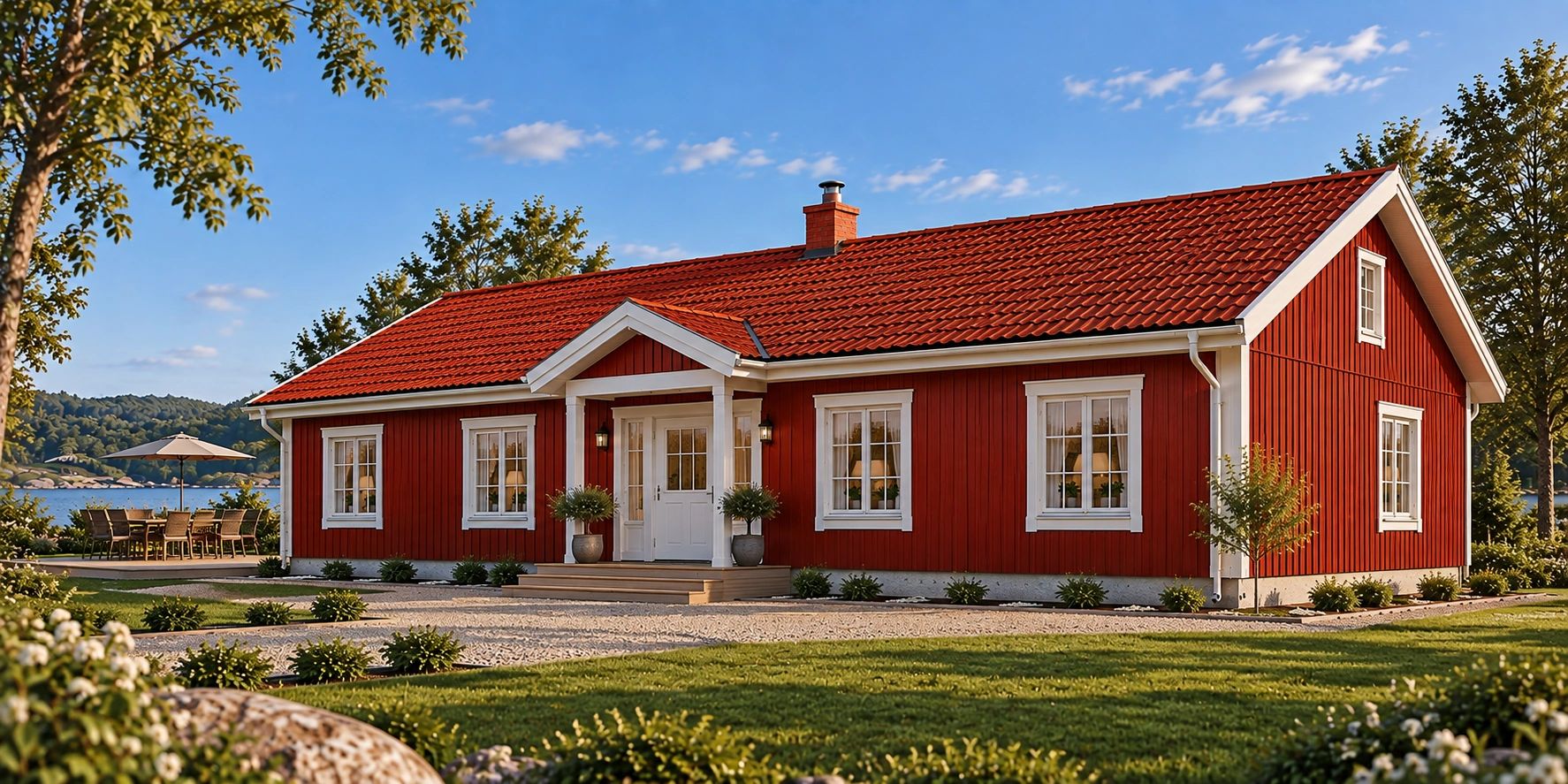 Rött trähus med vita fönster och rött tegeltak.