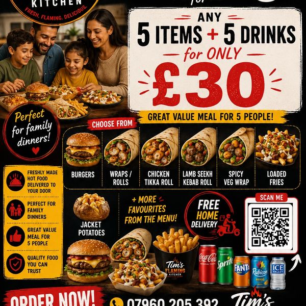 MEAL DEAL FOR 5
Choose any five meals from the menu for £30 includes drinks and fries for burgers an