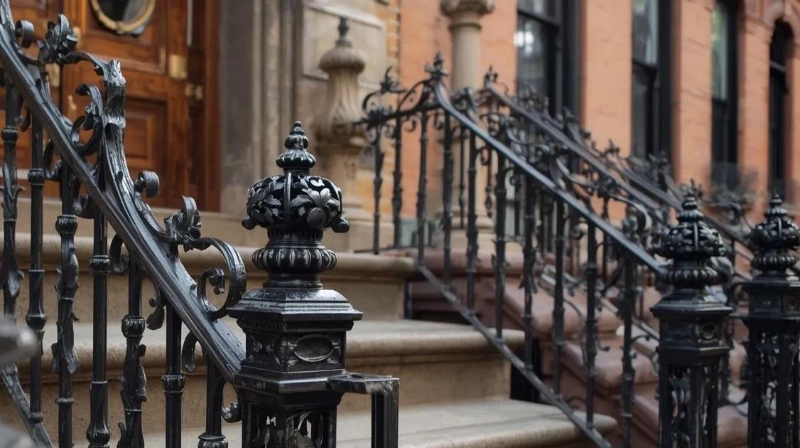 Ornate black wrought iron railings on stone steps of classic brownstone buildings.