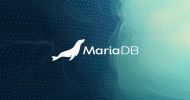 MariaDB logo with a dinosaur silhouette on blue background.