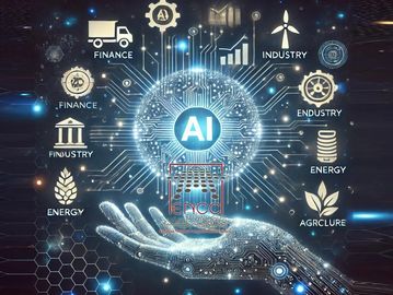Digital hand supports AI sphere linked to finance, industry, energy, and agriculture.
