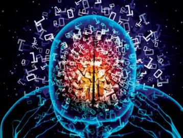 Digital illustration of a human head filled with binary code and glowing brain activity.