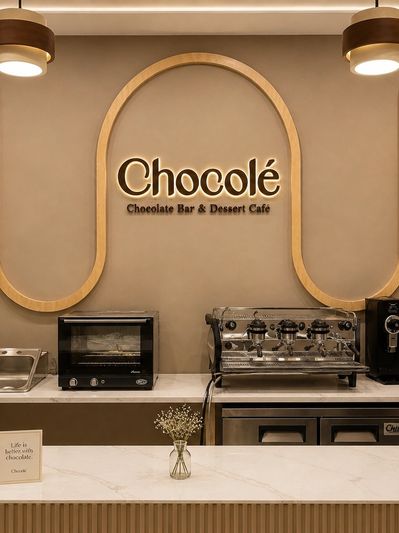 Chocolé Chocolate Bar &amp; Dessert Café interior with coffee machines and minimalist design.