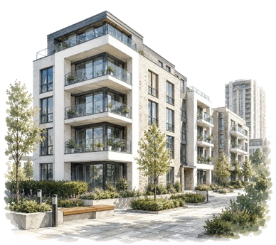 Modern apartment buildings with balconies and greenery along a paved walkway.