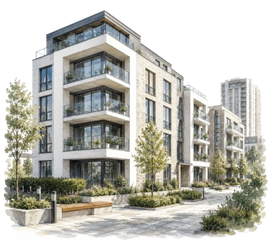 Modern apartment buildings with balconies and greenery along a paved walkway.