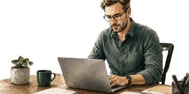 Man working on laptop at desk with office supplies.