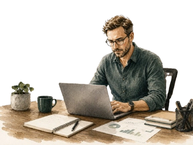 Man working on laptop at desk with office supplies.