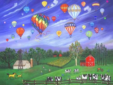 landscape, ballooning, cows, farm, farmland, barn, painting, prints, home decor, wall art