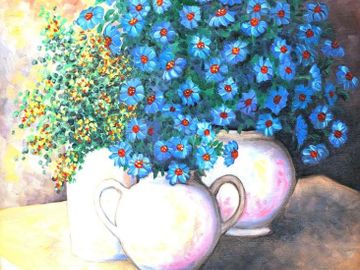 flowers, floral, blue flowers, flowers in pots, garden, yellow flowers, 