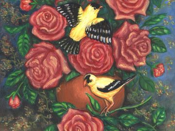 birds, bird art, flowers, roses, still life, pets, wall art, wall decor, home decor