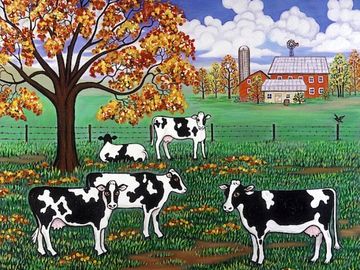cows, black and white cows, landscape, fall, autumn, farm, country, farm animals, barnyard animals