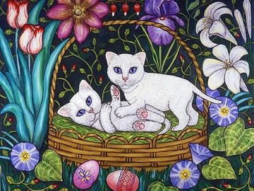 cats, kittens, basket, flowers, garden, easter, home decor, wall art, paintings, prints