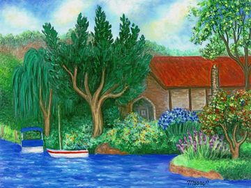 landscape, cottage, lake, boats, home decor, wall art, interior decor, prints for sale, river
