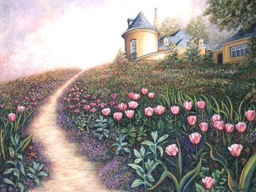 Landscape flower garden painting and fine art prints for sale by Linda Mears