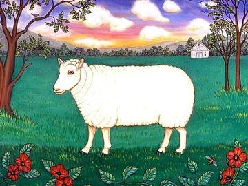 lamb, ewe, farm animal, folk art, whimsical art, livestock, landscape, barnyard animal, roses, 