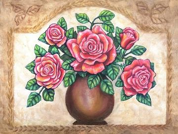 roses, flowers, folk art, vase, home decor, interior decor, wall decor, wall art, paintings, prints 