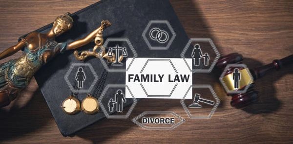 Family law icons with Lady Justice.