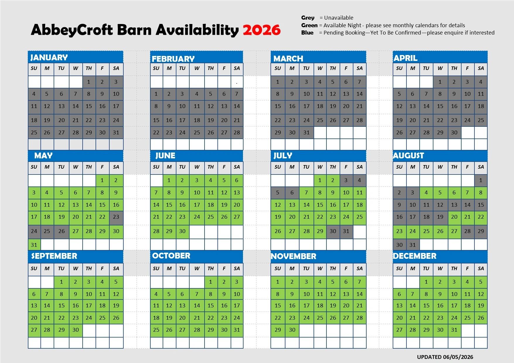 AbbeyCroft Barn availability calendar for 2026 with color-coded booking statuses.