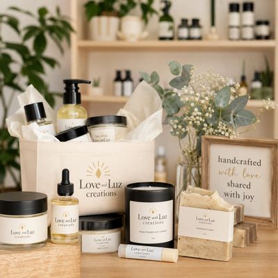 A collection of natural skincare products from Love and Luz Creations.