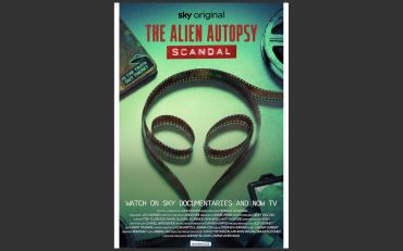 Poster for 'The Alien Autopsy Scandal' documentary on Sky, featuring film reels and vintage camera.