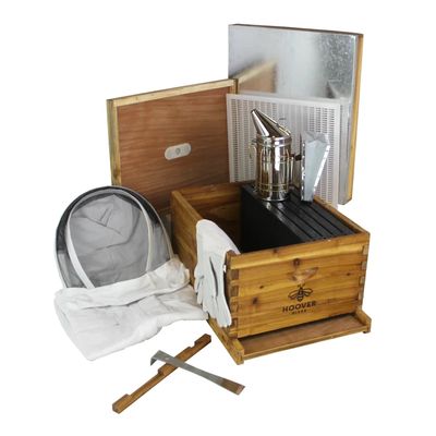 Assortment of beekeeping equipment including smokers, hive tools, protective suits, and frames.