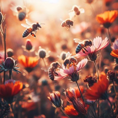 Honeybees flying in a meadow of wildflowers