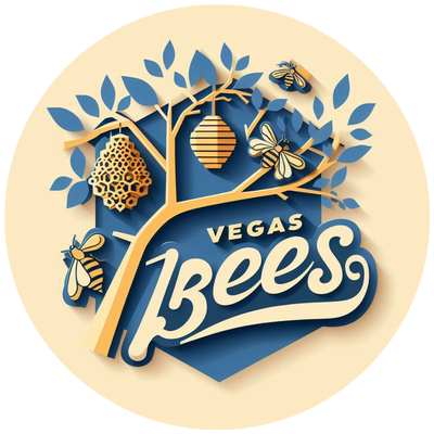 Vegas Bees logo of a desert tree with a beehive and buzzing bees around it