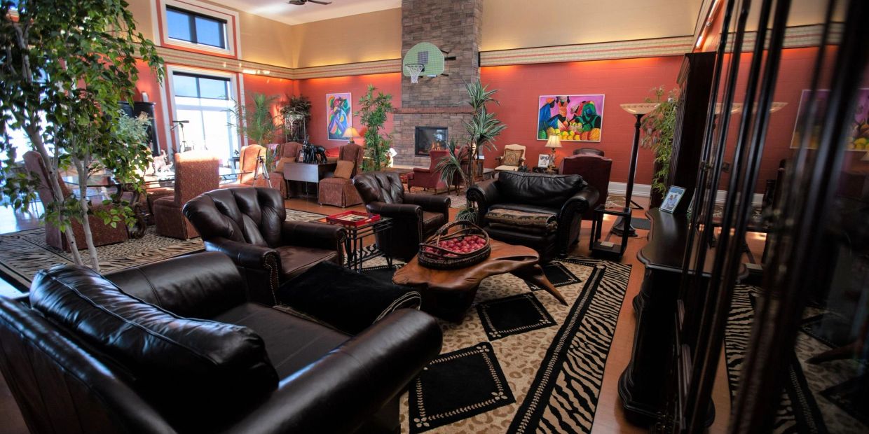 Cozy living room with leather sofas and natural decor.