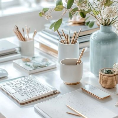 A bright, organized workspace with stationery and plants.