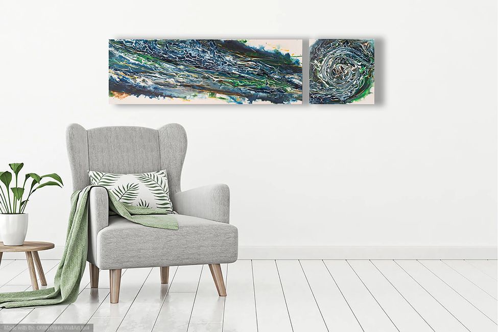 Acrylic abstract artist, Rosemary Craig's diptych, Contrary