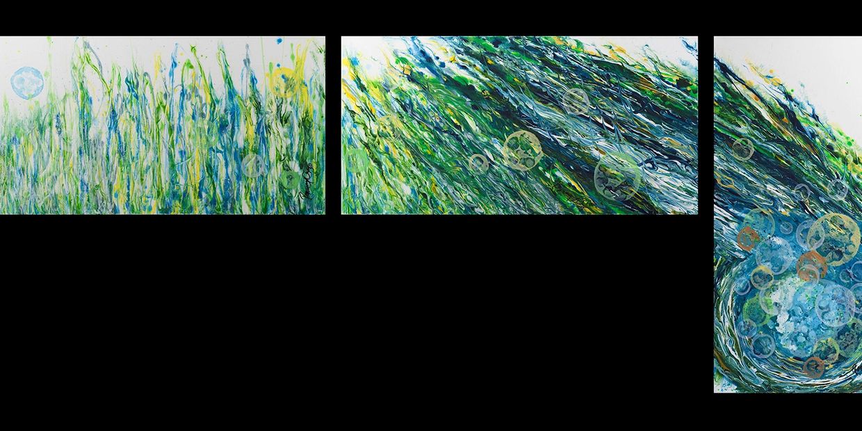 Acrylic abstract artist, Rosemary Craig's triptych, A Moment in Time