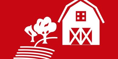 White barn and trees icon on a red background.