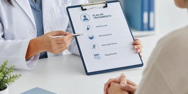 Médico explicando plan de tratamiento a paciente.