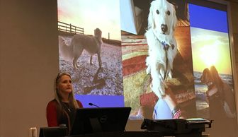 A person giving a speech at a podium with images of dogs on a screen behind her