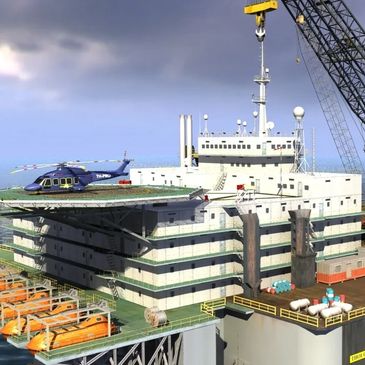 Helicopter on a modern offshore oil rig platform under cloudy sky.