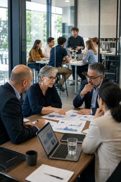 Business team discussing reports in a meeting room.