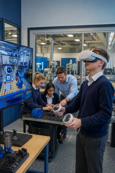 Students and teacher using VR and technology in an engineering lab.