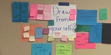 A colorful bulletin board with sticky notes and a central message to draw from yourself.