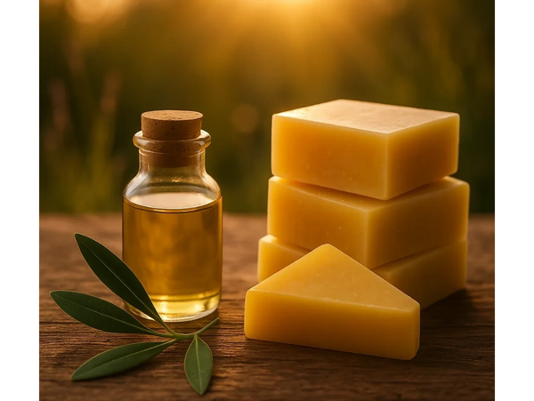  soap with bottle of oil and leaf on the table