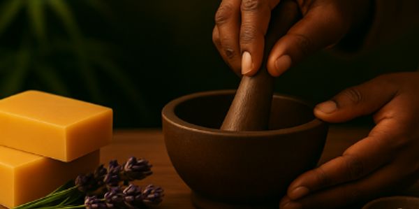 Hands grinding ingredients with mortar and pestle next to natural soap and lavender.