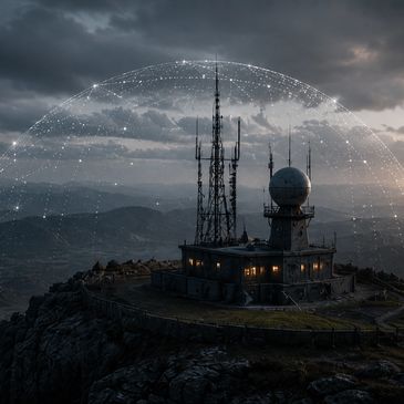 Communication tower on a mountain with a digital protective dome.